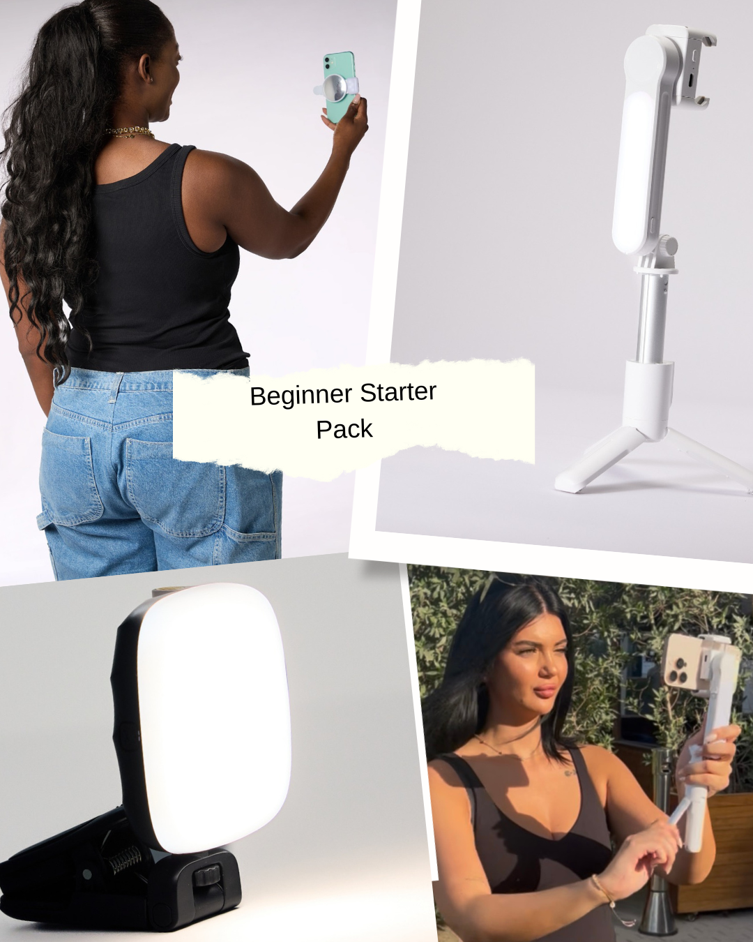 Beginner Starter Pack Bundle - Tripod/Selfie Stick/Mini Phone Gimbal, Phone Light, Back Camera Selfie